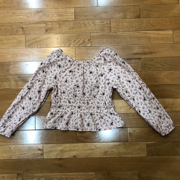 Madewell Pink Floral Smocked Peplum 100% Cotton Long Sleeve Blouse Size M - Picture 8 of 10